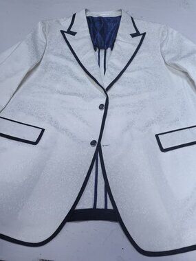MTM Groom's Ensemble — White Jacquard, Navy Trim & Paisley Lining | Never Worn